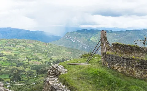 Mountain slopes and patchwork fields seen from Kuélap, Amazonas