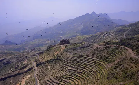 Terraced mountain landscape in Haraz, Yemen